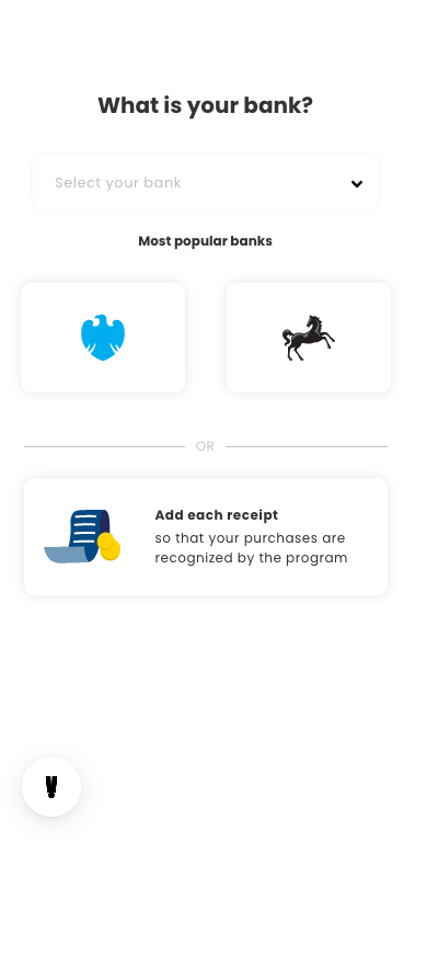 Registration choice between scanning a receipt and linking a bank account
